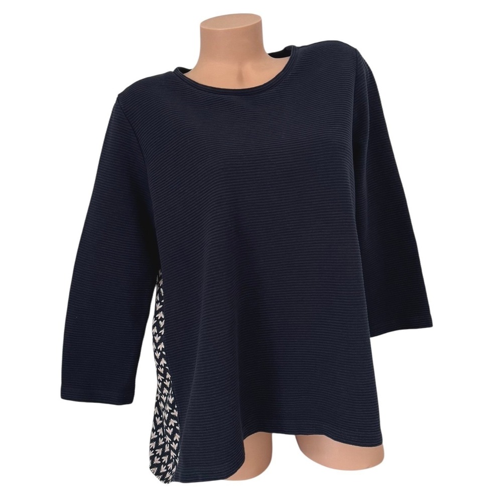Ann Taylor Loft Navy Blue Mixed Media Textured Knit Top 3/4 Sleeve Large